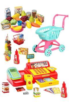 OYUNCAK YAZAR KASA MARKET ARABASI FİLEDE MEYVE SEBZE OYUNCAK MARKET ALIŞVERİŞ SETİ 3LÜ SET