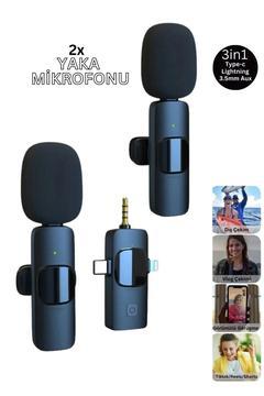 2 Adet Kablosuz Yaka Mikrofonu 3in1 Type-c, Lightning, 3.5mm Aux 2'li Mini Mikrofon Youtube Tik Tok