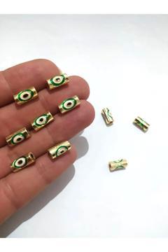 Takı Yapımı için 5 Adet Gold Yeşil Silindir Nazar Boncuk Şans Kolye Bileklik Halhal Ucu