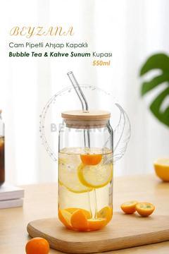 Isıya Dayanıklı Cam Pipetli Ahşap Kapaklı Bubble Tea Ve Borosilikat Bardak Kahve Sunum