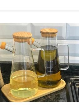 Kitchen Pembelia Bambu Standlı 2'li 900ML Borosilikat Cam 900ML Yağlık 3'lu Yağdanlık Set