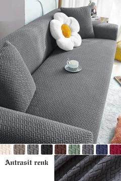 Tuğla Desen Koltuk Örtüsü Lastikli Kayma Yapmayan 3 Kişilik Çekyat Kanepe Kılıfı 1 Adet Antrasit