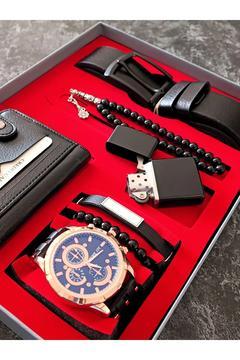 Erkek Saat Kemer Cüzdan Tesbih Çakmak Bileklik Hediye Setİ Siyah