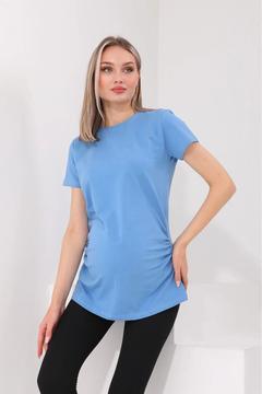 Hamile Indigo Bisiklet Yaka Kısa Kollu %100 Pamuk T-shirt