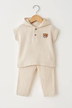 Kapüşonlu Ayıcık Nakışlı Muslin İkili Bebek Takım