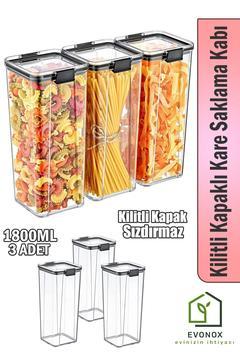 Akrilik Kilitli Kapaklı Kare Saklama Kabı 1800ml 3 Adet, 1800ml 3'lü Kilitli Saklama Kabı
