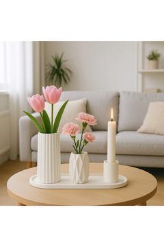 Bohem Iskandinav Tarzı Modern 3’lü Vazo Şamdan Ve Tepsi Seti -minimal Dekoratif Obje