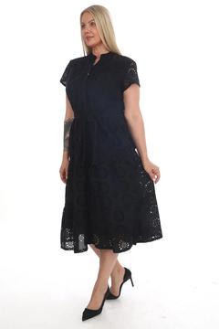 Düğmeli Kuşaklı Astarlı Vual Güpürlü Elbise 7175 Siyah