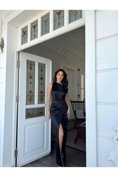 Fiona Tek Kol Drapeli Saten Abiye 582856 SİYAH