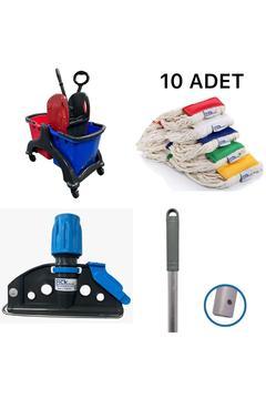 Çift Kovalı Plastik Temizlik Arabası Paspas Arabası Islak Mop Seti 10 Adet Mop