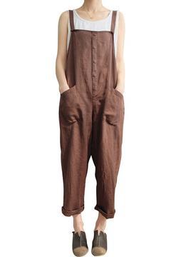 Sant Kuee Casual Kadın Düz Renk Strappy Cep Gevşek Harem Tulum Kahve L (Yurt Dışından)