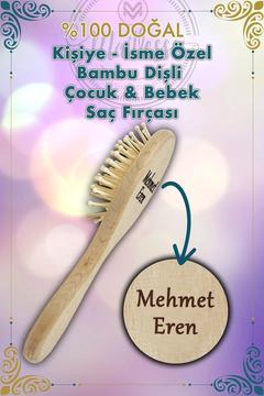 İsimli & Emojili Doğal Bambu Dişli Bebek & Çocuk Saç Fırçası - Bambu Tarak (SAKLAMA KESESİ HEDİYELİ)