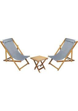 Bysay Ahşap Katlanabilir Taşınır Şezlong. Plaj, Bahçe, Teras, Balkon Şezlongu. 3 Lü Set (Gri)