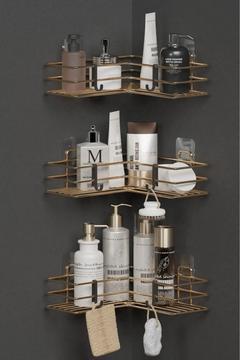 3 Adet Yapışkanlı Banyo Köşeliği Köşe Rafı Duş Şampuanlık Düzenleyici Organizer Raf Gold Kaplama