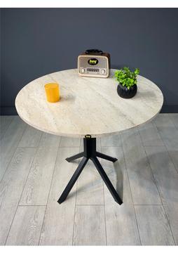 Hey Saray Traverten Yuvarlak Mutfak Yemek Masası Balkon Masası Metal Siyah Ayak 80 cm