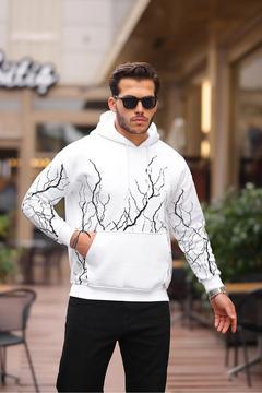 Erkek Şimşek Desen Oversize Beyaz Kapşon Sweatshirt