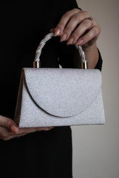 Kadın GÜMÜŞ Simli Abiye Çanta –  Taş detaylı sap - Zincir uzun  askı