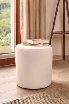 Silindir Puf Tabure Kuzu Kumaş Bej Makyaj Pufu Puf Sandalye Ayak Uzatma Pufu