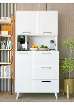 Çok Amaçlı Dolap Parlak Beyaz Kahve Köşesi 6 Kapaklı Mutfak Dolabı Fırın Raflı Dolap