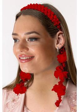 Özel Tasarım Sarkan Küpeli Kırmızı Incili Lohusa Tacı