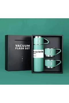 Paslanmaz çelik vakumlu termos yeşil renk 3 Bardaklı termos seti