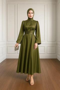 İspanyol Kol Beli Dolamalı Saten Abiye Elbise Haki 9843-hakibb