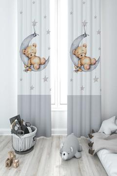 BEBEK VE ÇOCUK ODASI Ayda Uyuyan Sevimli Ayı Desenli 2 Kanat Fon Perde