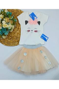 Kız Bebek Tütü Etekli Takım Kedi Desen Somon