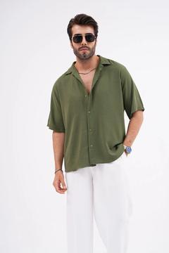 Erkek Yazlık Keten Dokulu Oversize Kısa Kollu Gömlek Haki
