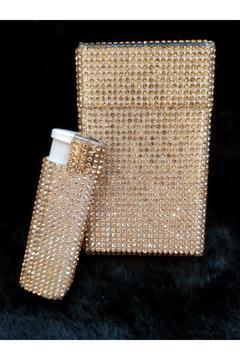 Parlak Gold Taş Kaplama Kısa Kalın Sigara Kutusu Ve Çakmak Seti