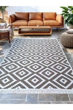 Kilim Bej-beyaz Çift Taraflı Pamuklu Dokuma Yıkanabilir Modern Desenli Lüks Kilim Yolluk,paspas