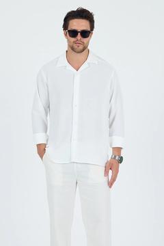 Keten Dokulu Oversize Erkek Gömlek White
