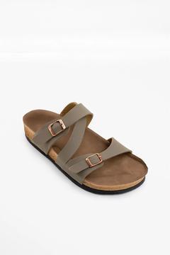 Kadın Haki Nubuk Deri Çapraz Detay Mantar Taban Çift Tokalı Yeni Sezon Terlik