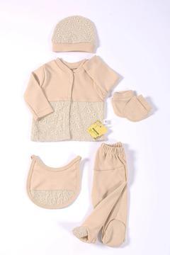 Kız Bebek Güpürlü Hastane Çıkış Seti %100 Organik 5 Parça Bej Renk