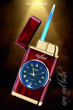 Kişiye Özel Isim Baskılı Saatli Çakmak Turbo Işıklı Rüzgara Dayanıklı Pürmüzlü Çakmak Ms1265 Kırmızı