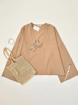 V Yaka Organik Keten Bluz - Camel