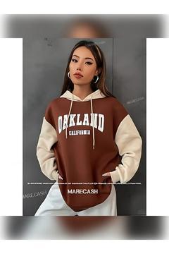 OAKLAND basklı Kahverengi Çift Renk Reglan Kol Oversize Kapüşonlu Yeni Sezon Sweatshirt