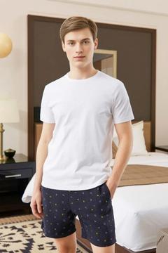 %100 Pamuk Erkek Şort Pijama Cepli Lacivert Ince Penye Desenli Esnek Rahat Kalıp Lastikli Terletmez