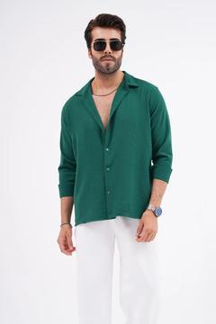 Dokulu Oversize Erkek Gömlek Zümrüt Yeşili