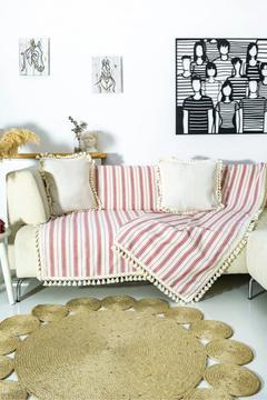 Bordo Çizgili Ham Ponponlu Otantik Koltuk Örtüsü Koltuk Şalı