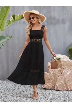 Yeni Sezon Kadın Askılı Dantel Detaylı Kloş Janjan Krep Elbise