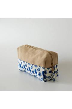 -ham Keten- Üzerine Lacivert Yaprak Desenli %100 Pamuklu Makyaj Çantası