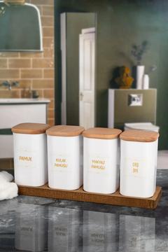 4'lü Ahşap Altlıklı Beyaz Kulak Pamuğu, Pamuk, Makyaj Pamuğu, Diş İpi Kavanozu Akrilik