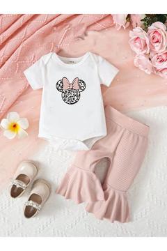 Kız Bebek İspanyol Takım Kısa Kollu %100 Pamuk Leopar Mickey Baskılı