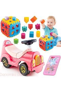 İlk Adım Yürüme Arkadaşı Yürüteç + Işıklı Oyuncak Telefon + Geometrik Bultak Küp