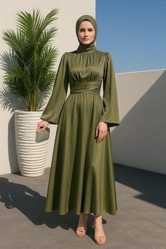 İspanyol Kol Beli Dolamalı Saten Tesettür Abiye Haki-583163