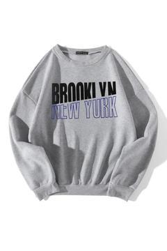 DAXİA Kadın Gri Oversize Newyork Brooklyn Baskılı Sweatshirt