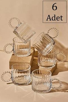 6'lı Şeffaf Cam Kahve Fincanı Seti – Modern Tasarımlı Boncuk Saplı