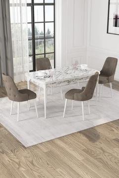 Wessa Serisi 80x132 Açılabilir MDf Beyaz Mermer Desen Masa Takımı 4 Cappucino Sandalye