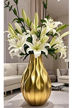 Gold Renk Dalga Desen Vazo Doğal Seramik (Beton Alçı Değildir 21 cm)